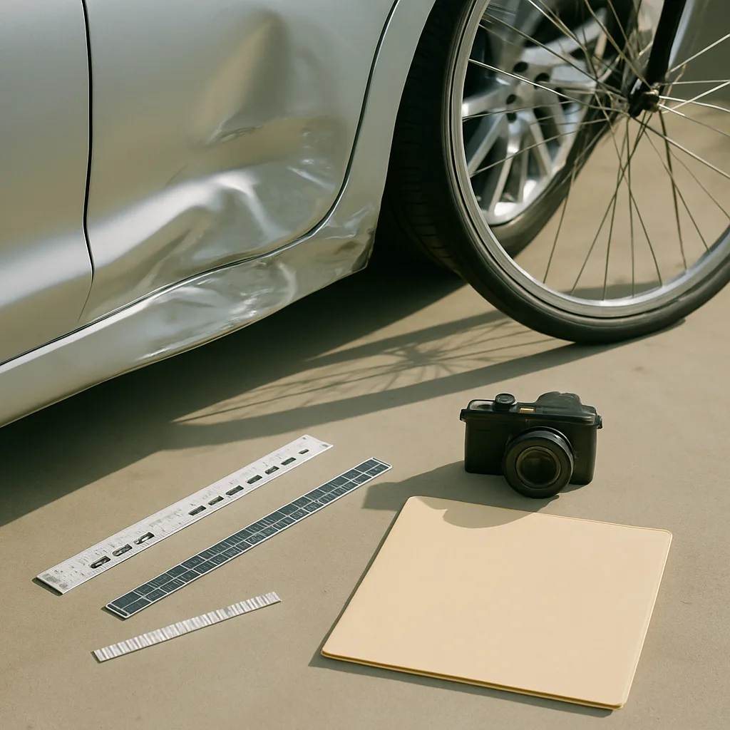 Vehicle damage and bicycle evidence reviewed after a fatal pedestrian collision