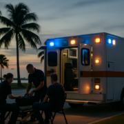 Ambulance medical malpractice Miami crash scene with emergency responders near a roadway