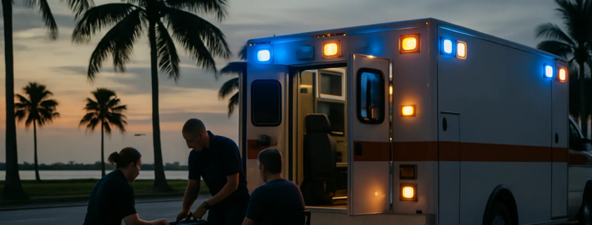 Ambulance medical malpractice Miami crash scene with emergency responders near a roadway