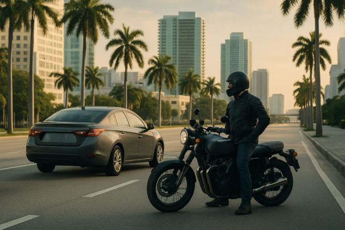 Florida lane splitting motorcycle accident scene on a Miami roadway