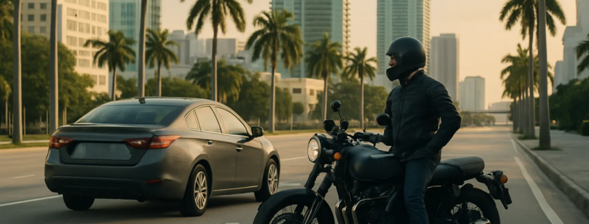 Florida lane splitting motorcycle accident scene on a Miami roadway