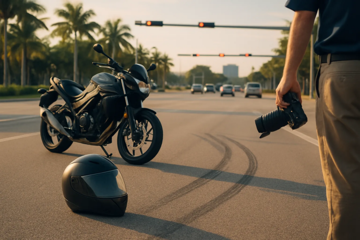 Miami motorcycle intersection accident claim scene with motorcycle and traffic signal