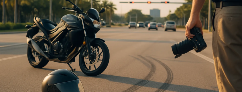 Miami motorcycle intersection accident claim scene with motorcycle and traffic signal