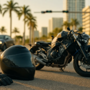 Miami distracted driving motorcycle accident lawyer evidence scene with motorcycle and helmet