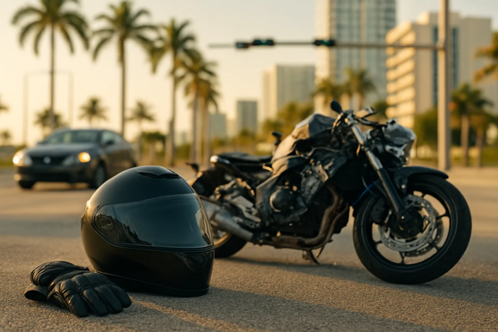 Miami distracted driving motorcycle accident lawyer evidence scene with motorcycle and helmet