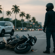 Miami hit-and-run motorcycle accident lawyer article showing a rider and damaged motorcycle near a city roadway
