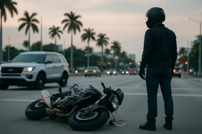 Miami hit-and-run motorcycle accident lawyer article showing a rider and damaged motorcycle near a city roadway