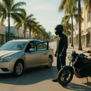 Miami motorcycle accident parked car scene showing an open vehicle door and motorcycle
