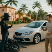 Miami motorcycle accident involving an Uber or Lyft driver near a city intersection