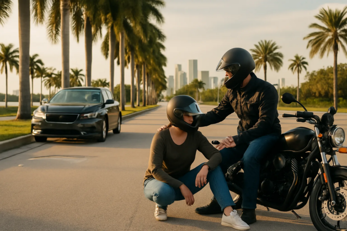 Miami motorcycle passenger accident claim scene with motorcycle and multiple vehicles