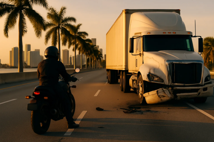 Miami motorcycle truck accident claim scene with motorcycle and commercial truck