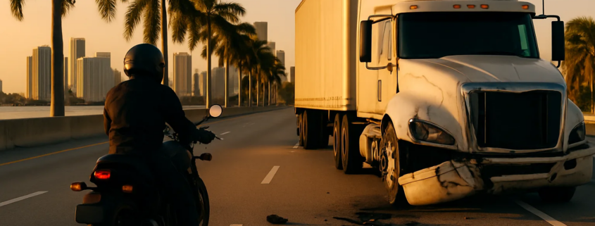 Miami motorcycle truck accident claim scene with motorcycle and commercial truck
