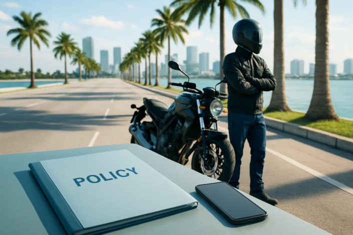 Miami motorcycle uninsured motorist claim documents beside a motorcycle on a city roadway