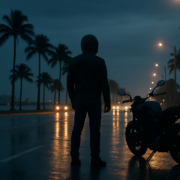 Nighttime motorcycle accident lawyer Miami evidence scene with wet roadway and glare