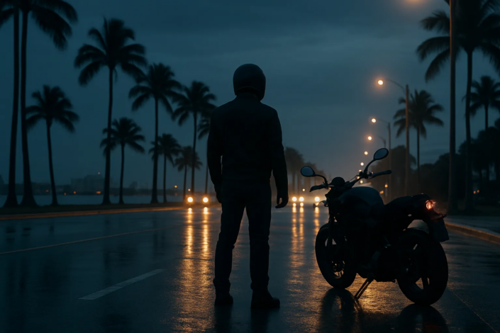 Nighttime motorcycle accident lawyer Miami evidence scene with wet roadway and glare