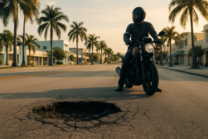 Miami motorcycle accident pothole claim involving a damaged roadway