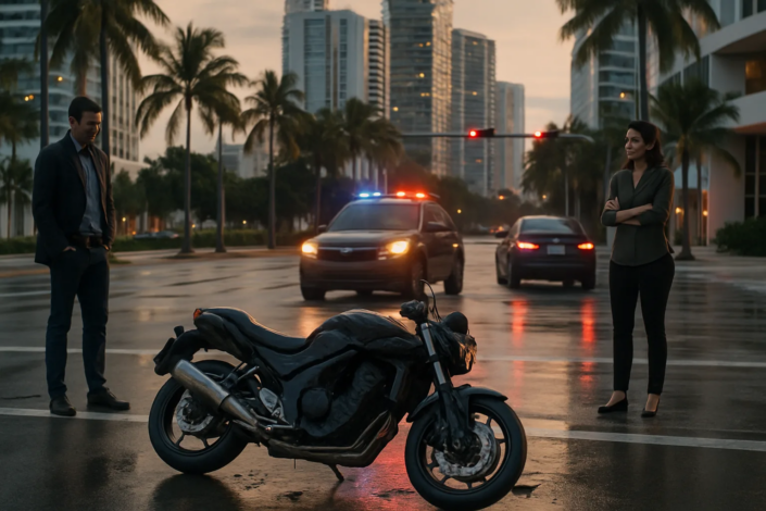 Miami DUI motorcycle accident lawyer article image showing a motorcycle crash scene at an urban intersection