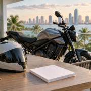 Motorcycle and blank paperwork illustrating Miami motorcycle medical bills and insurance coverage questions