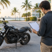 Miami motorcycle accident report correction review beside a parked motorcycle on a city street