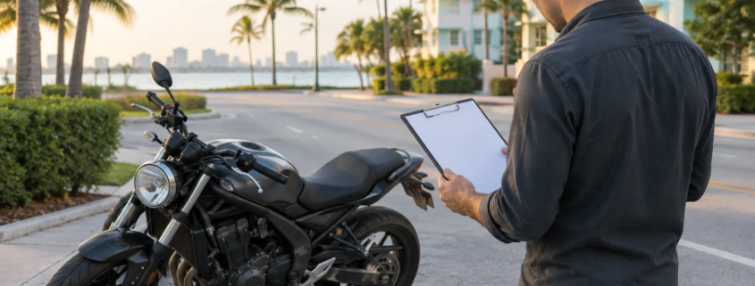 Miami motorcycle accident report correction review beside a parked motorcycle on a city street