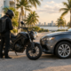 Miami motorcycle delivery accident workers’ compensation: rider and motorcycle near a car