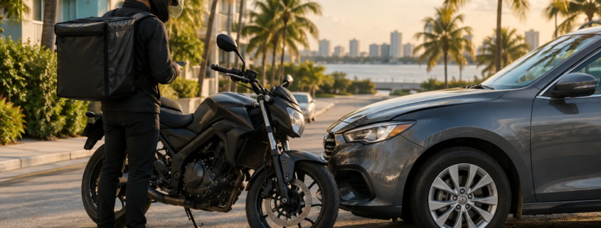 Miami motorcycle delivery accident workers’ compensation: rider and motorcycle near a car